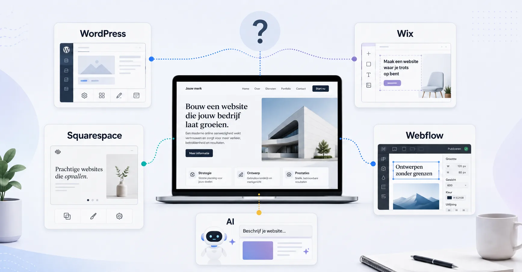 Overzicht van websiteplatforms WordPress, Wix, Squarespace, Webflow en AI websitebouwers